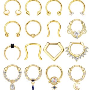 Besteel 16Pcs 16G Septum Rings, 316L Stainless Steel Nose Rings Hoop, Hinged Seamless Horseshoe Clicker Rings, Stainless Steel, cubic zirconia