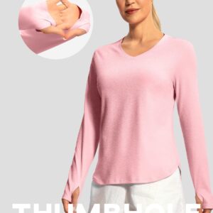 Hiverlay Long Sleeve Workout Shirts for Women V Neck UPF 50+ Athletic Shirts with Thumbhole Running Loose Active T-Shirts Pink s