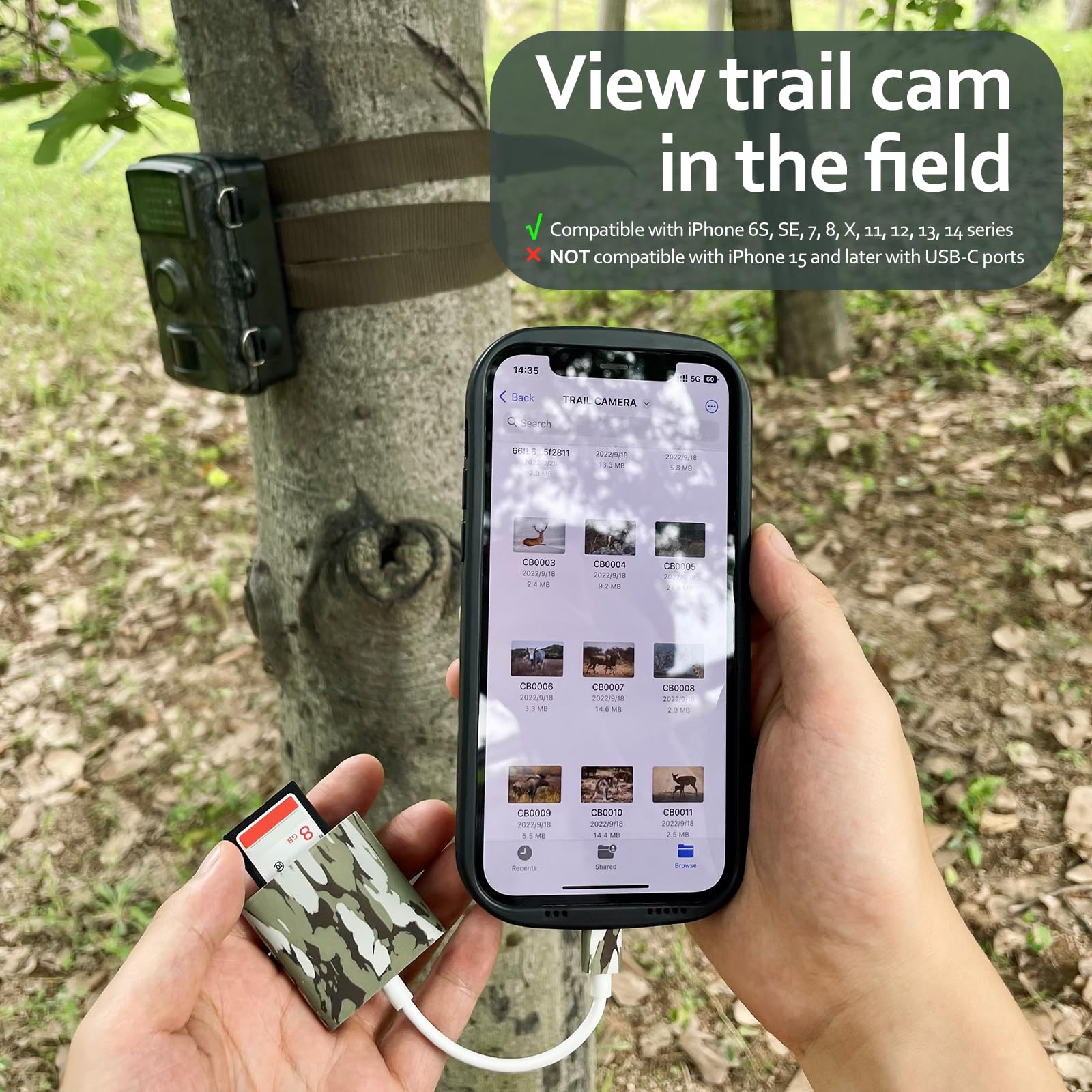 Trail Camera Viewer, Plug & Play for Hunters to View Images and Videos from Game Camera for iPhone 6S, SE, 7, 8, X, 11, 12, 13, 14 Series