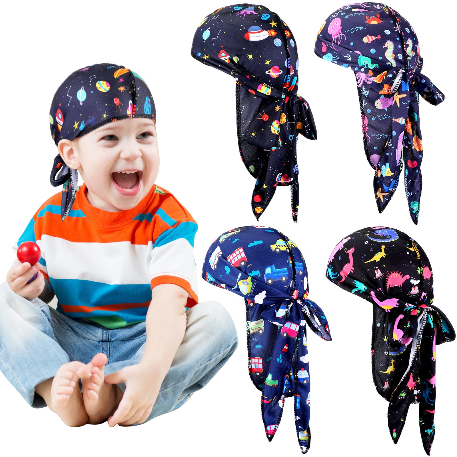 4 Pcs Baby Satin Durags Kids Satin Durags Dinosaur Outer Space Car Animals Headwraps with Long Tail for Baby Toddler Boy Girl (Dinosaur Style)