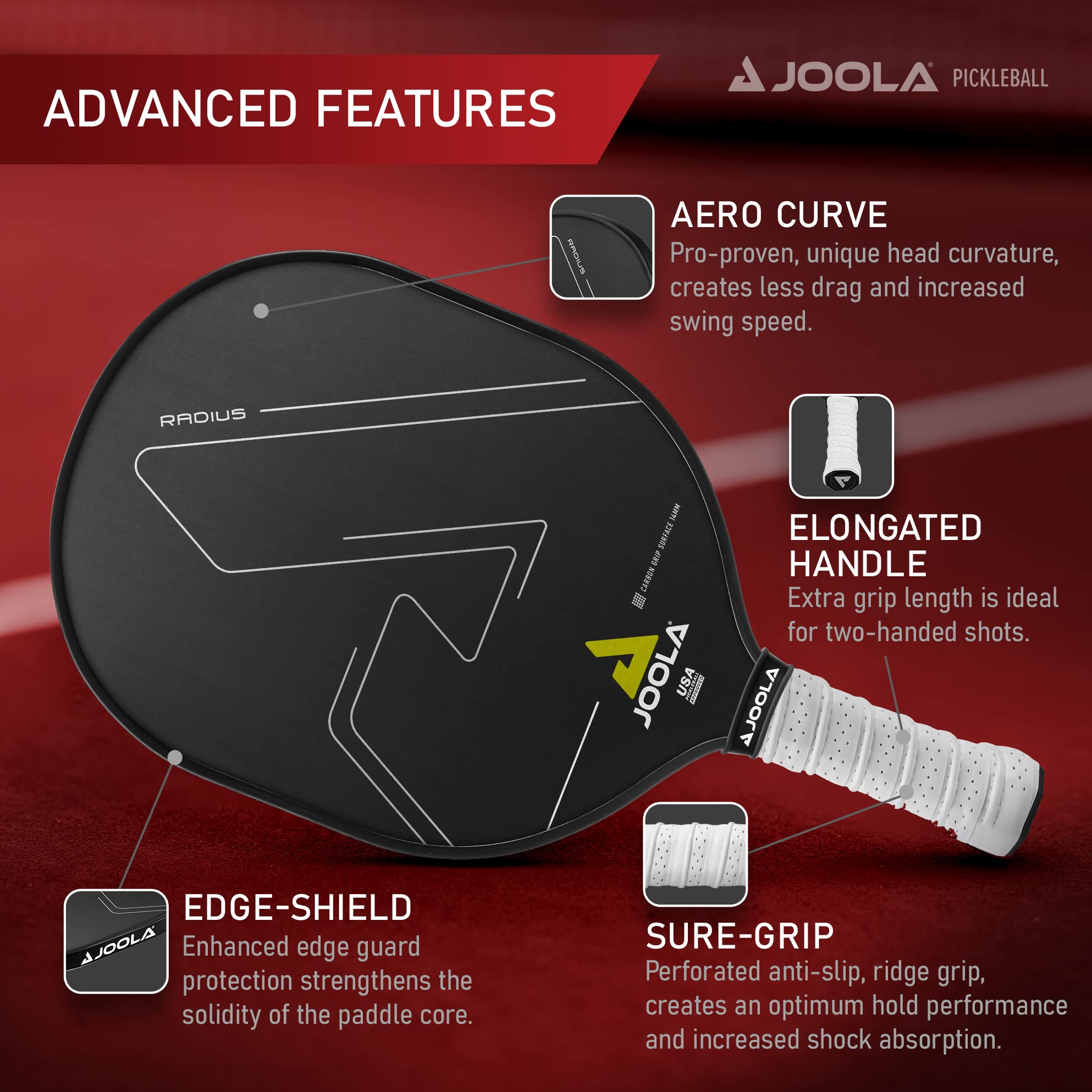 JOOLA Radius Pro Pickleball Paddle with Textured Carbon Grip Surface - Creates More Spin and Maximum Control - Largest Sweetspot - 14mm Pickleball Racket with Response Polypropylene Honeycomb Core