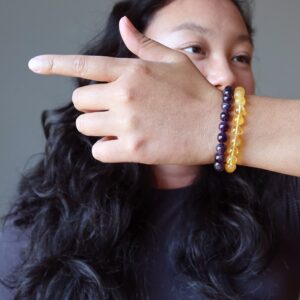 Satin Crystals Spiritual Abundance Bracelet Set Yellow Citrine Purple Amethyst 6.75 Inches