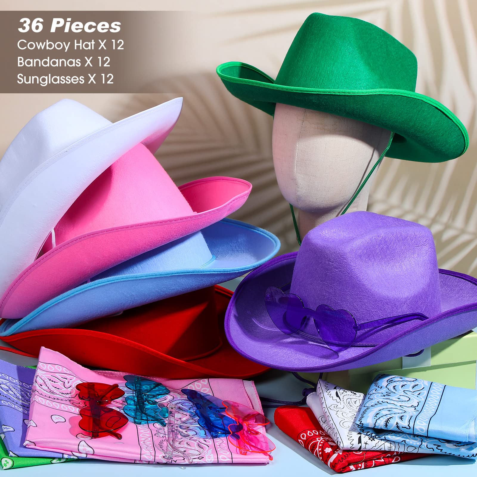 36 Pieces Adult Cowboy Hat with Bandanna Heart Sunglasses Unisex Felt Cowboy Hat Men Women Western Party Hat Cowboy Costume (Multicolor, Simple Style)