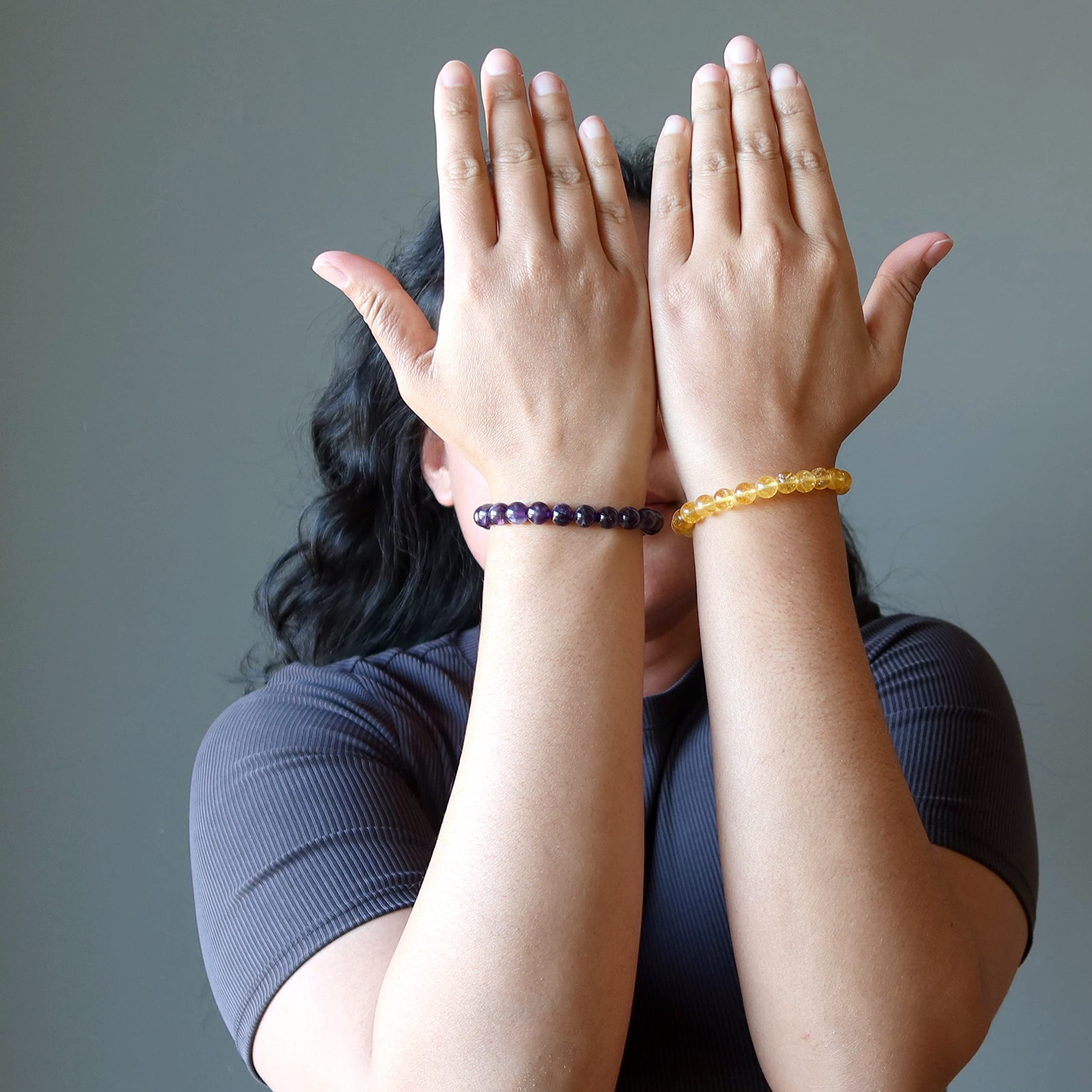 Satin Crystals Spiritual Abundance Bracelet Set Yellow Citrine Purple Amethyst 6.75 Inches