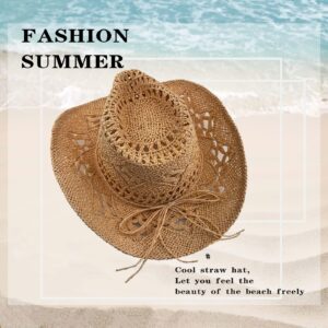 XUDONGXU Straw Cowboy Hat Brown Cowgirl Hat for Women Men Western Beach Hat with Wide Brim for Theme Party Vacation