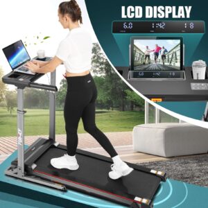 Folding Treadmill with Desk & Adjustable Height, 300 LBS Weight Capacity, Heavy-Duty Treadmill with Incline, Bluetooth Speaker & App Control, Electric Walking Machine Running Treadmill for Home