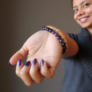 Satin Crystals Spiritual Abundance Bracelet Set Yellow Citrine Purple Amethyst 6.75 Inches