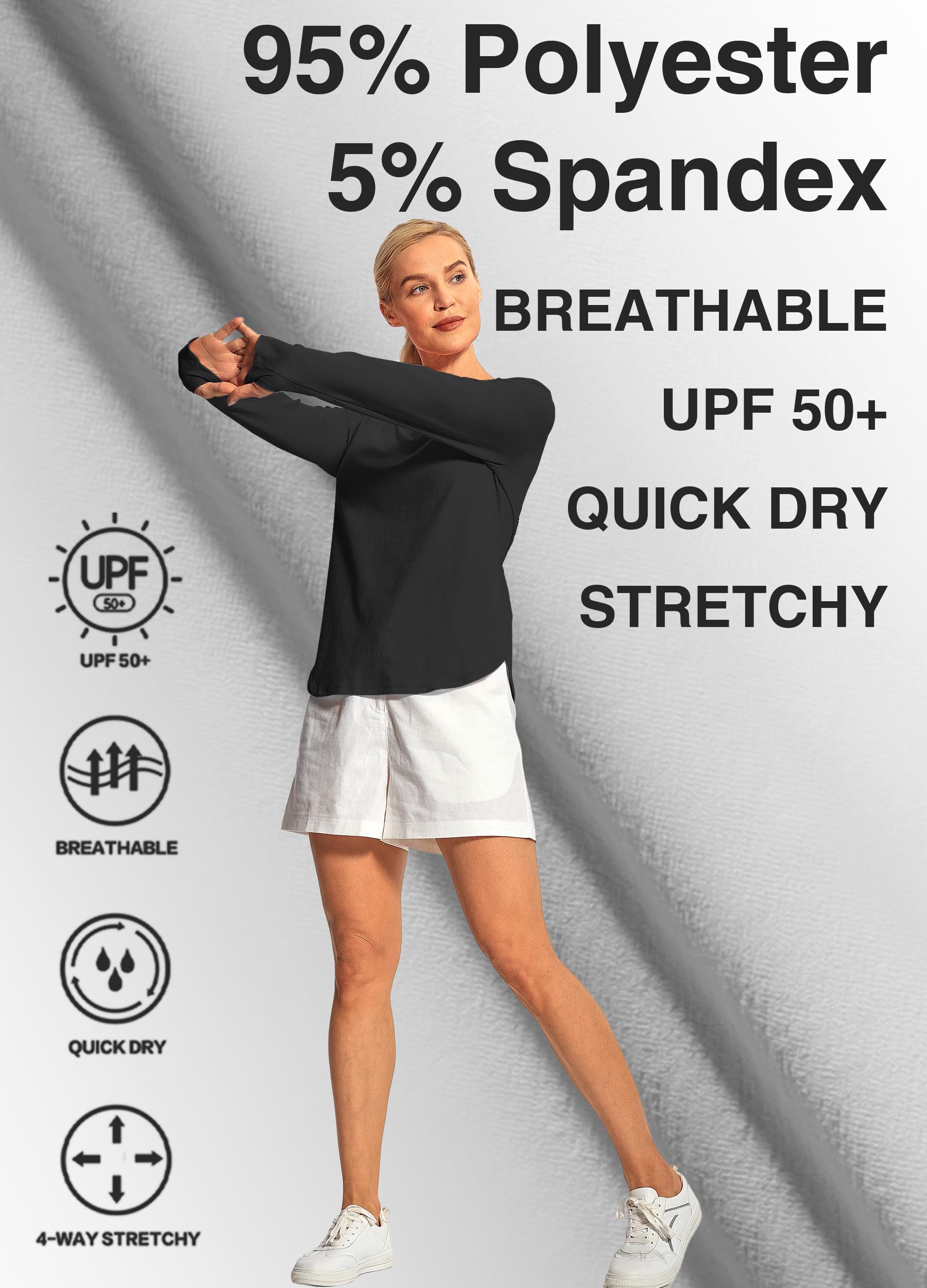 Hiverlay Long Sleeve Workout Shirts for Women V Neck UPF 50+ Athletic Shirts with Thumbhole Running Loose Active T-Shirts Black l