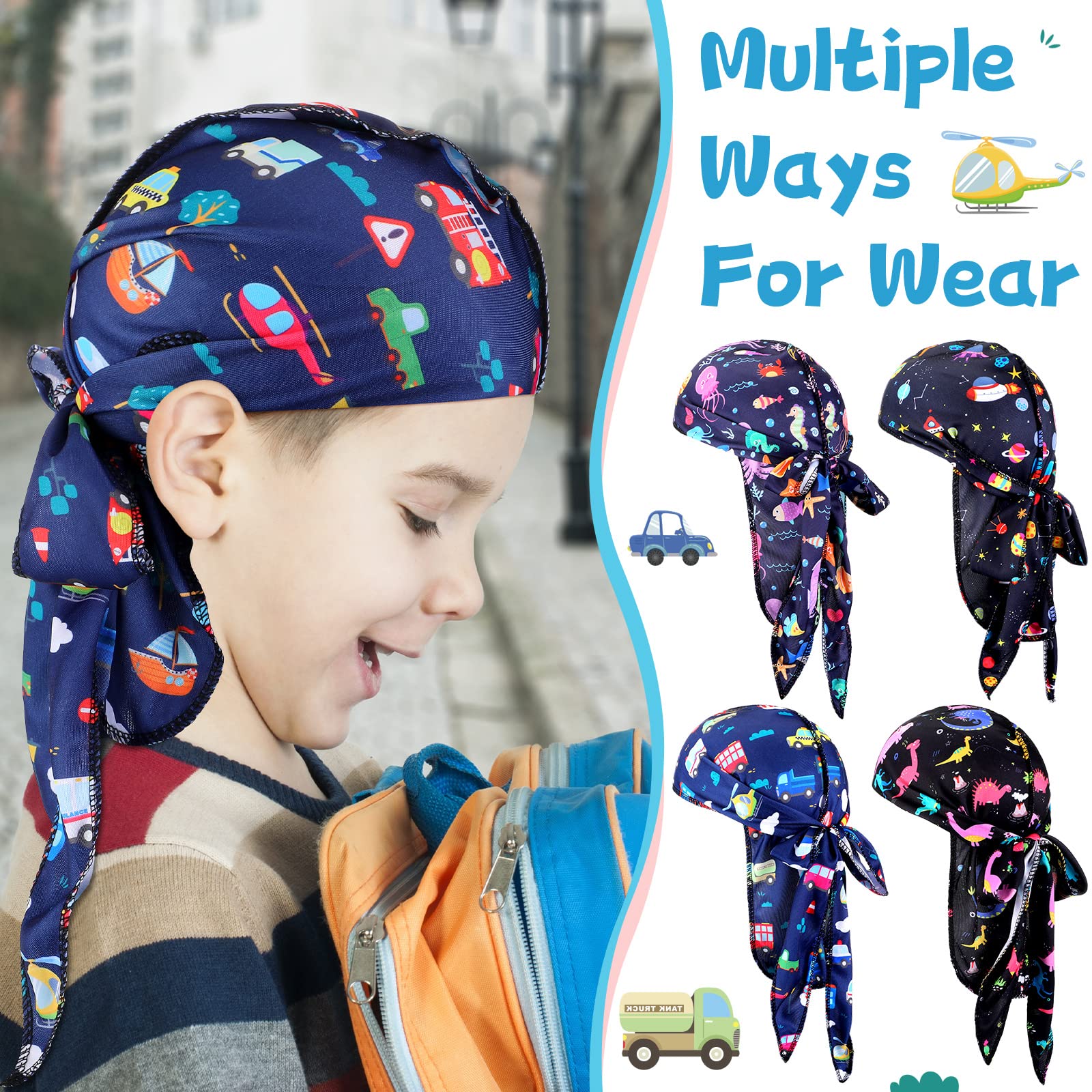 4 Pcs Baby Satin Durags Kids Satin Durags Dinosaur Outer Space Car Animals Headwraps with Long Tail for Baby Toddler Boy Girl (Dinosaur Style)