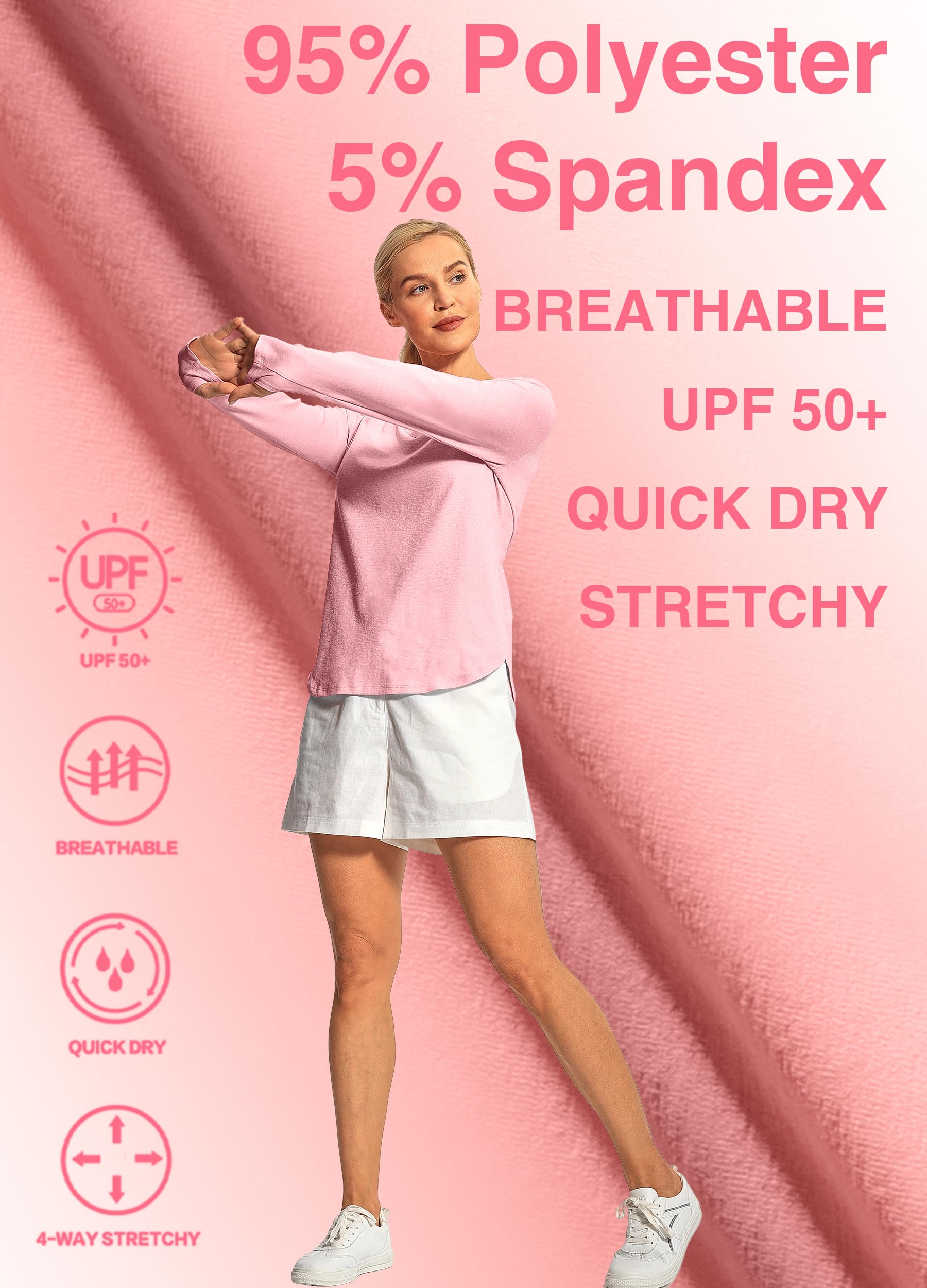 Hiverlay Long Sleeve Workout Shirts for Women V Neck UPF 50+ Athletic Shirts with Thumbhole Running Loose Active T-Shirts Pink s