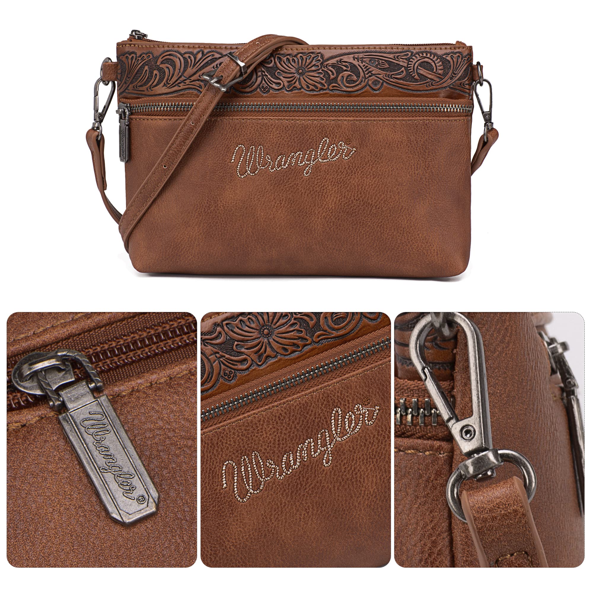 Wrangler Clutch Wristlet Purse Western Crossbody Bags Tooling Pattern Wallet for Women Cell Phone Purse,WG50-181BR