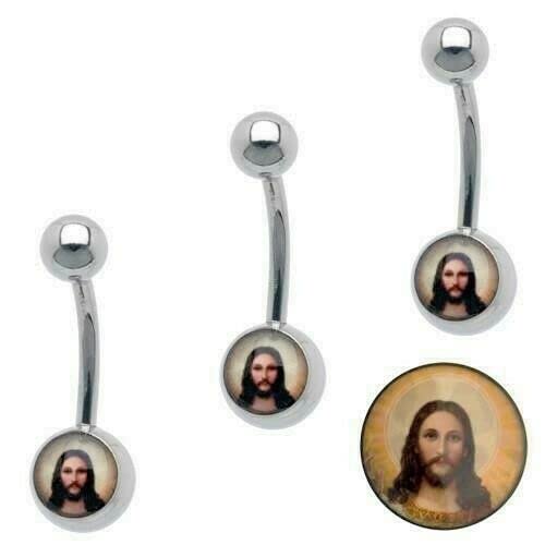 PAIR 14G JESUS CHRIST LOGO STEEL BELLY BUTTON NAVEL RINGS PIERCINGS BODY JEWELRY Style 88888-141