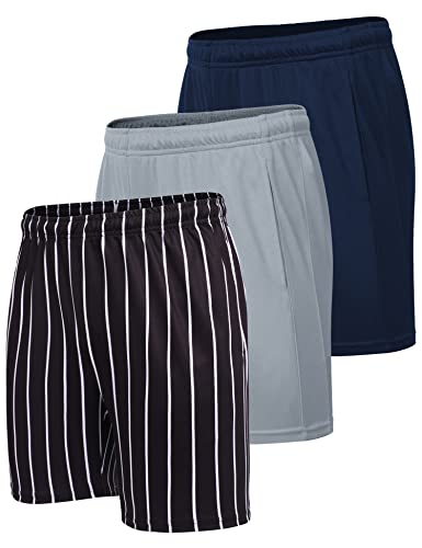 COOFANDY Men's Short Running Shorts 3 Pack Quick Dry Athletic Workout Gym Shorts with Pockets,Black & White Stripe/Navy Blue/Grey,Large