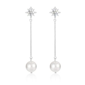 ACECHA Long Pearl Drop Dangle Earrings for Women White Gold Plated Chain Earrings Jewelry for Wedding