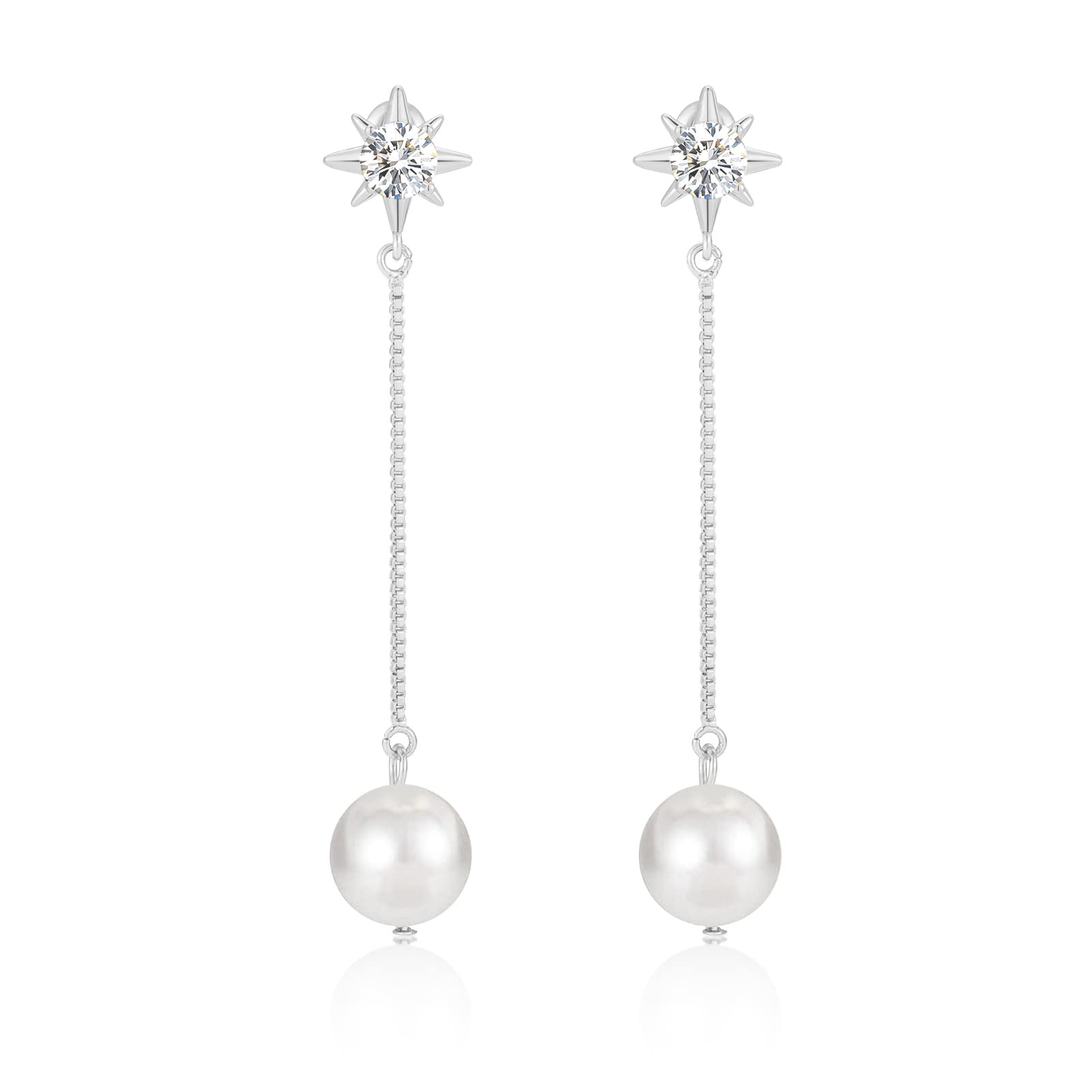 ACECHA Long Pearl Drop Dangle Earrings for Women White Gold Plated Chain Earrings Jewelry for Wedding