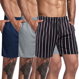 coofandy men's short running shorts 3 pack quick dry athletic workout gym shorts with pockets,black & white stripe/navy blue/grey,large