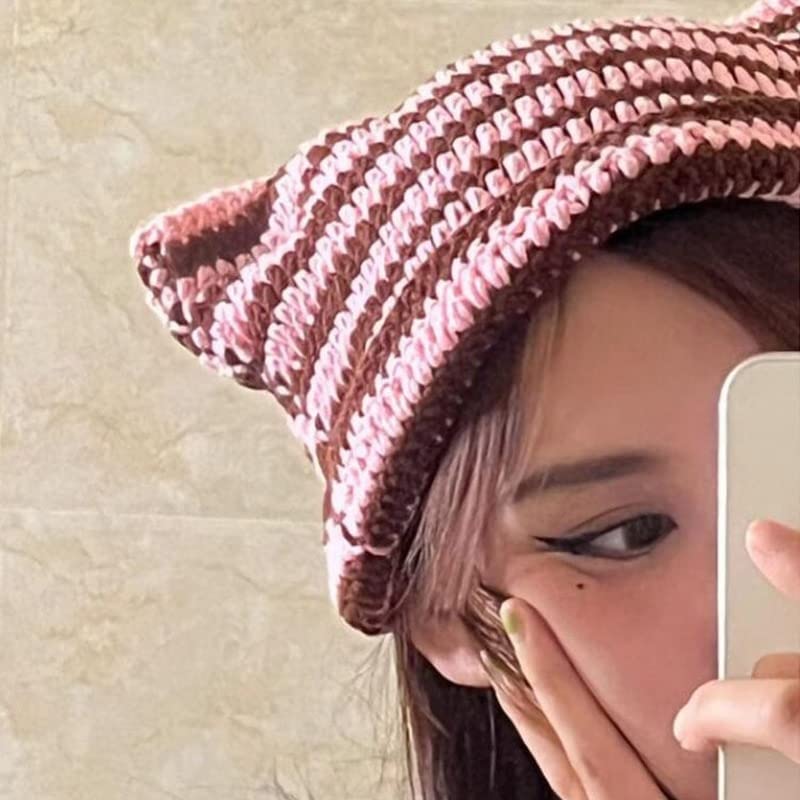 Y2K Gothic Knitted Cat Ear Little Devil Hat Women Kawaii Winter Handmade Beanie Female Caps (Black,One Size)