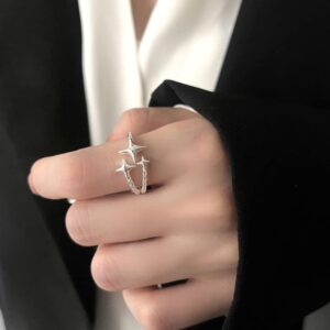 Cute Star Wrap Finger Band Sterling Silver 925 Adjustable Minimalist Lucky Star Open Statement Rings Engagement Promise Rings Wedding Band Fashion Jewelry Gifts for Women Girls