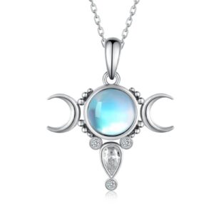 Moonstone Triple Moon Goddess Pendant Necklace Amulet Pentagram for Women Sterling Silver Wiccan Pagan Jewelry Gifts