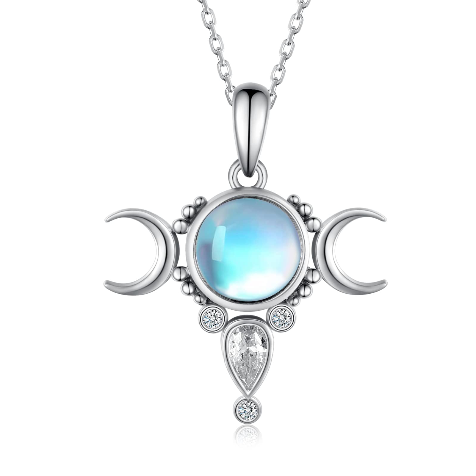 Moonstone Triple Moon Goddess Pendant Necklace Amulet Pentagram for Women Sterling Silver Wiccan Pagan Jewelry Gifts