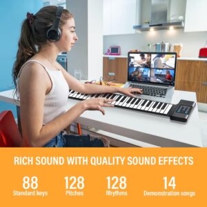 KONIX 88 Keys Roll Up Piano, Upgraded Portable Rechargeable Hand Roll Piano Keyboard, 128 Rhythms, 128 Tones, Roll Out Keyboard Piano with LED Display MIDI Function, Best Gift for Kids and Beginners