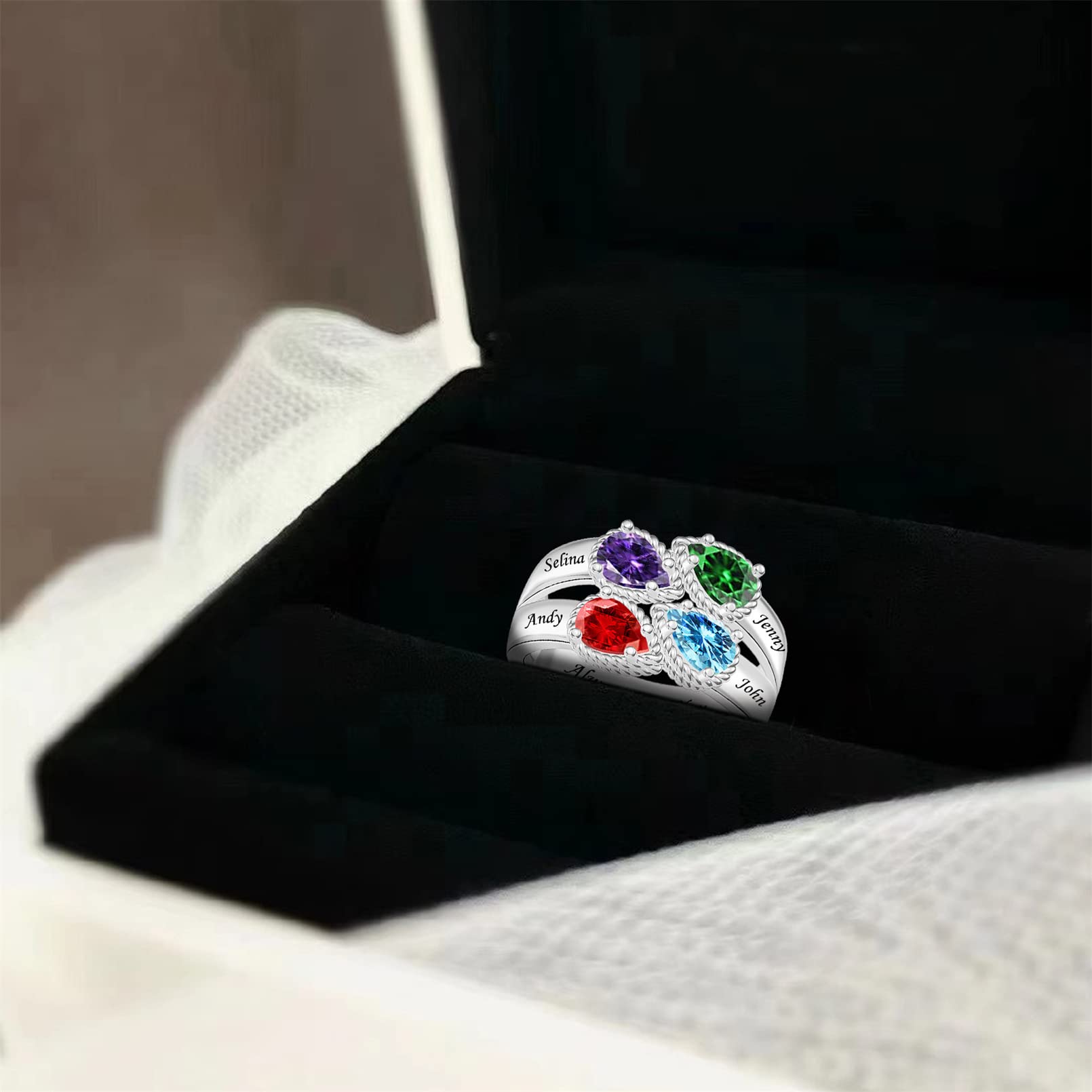 MissNaNa Personalized Mothers Ring with 2-5 Pear Birthstones Sterling Silver Family Rings with Birthstones Ring for Mom Custom Rings