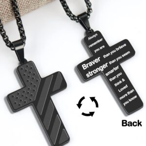 REGIS American Flag Cross Necklace， Stainless Steel Chain with 24-Inch Bible Verse Lord's Prayer Pendant - Men's Patriotic Religious Christian Gift (Always remember, black)