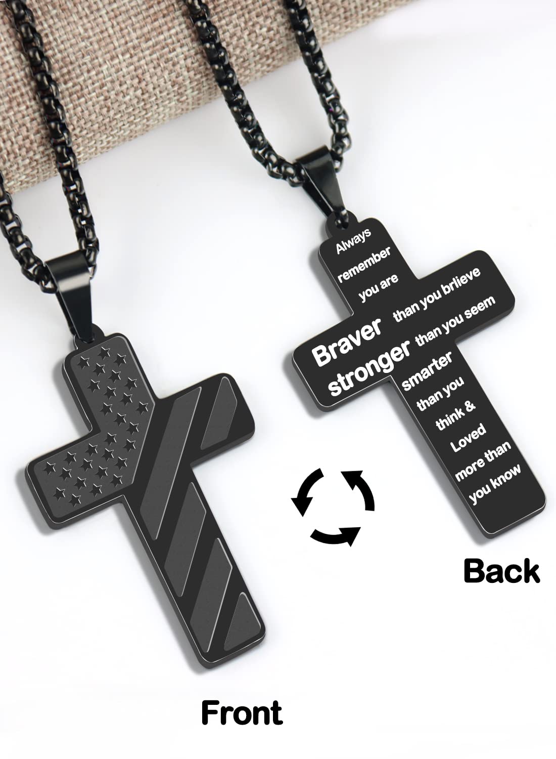 REGIS American Flag Cross Necklace， Stainless Steel Chain with 24-Inch Bible Verse Lord's Prayer Pendant - Men's Patriotic Religious Christian Gift (Always remember, black)