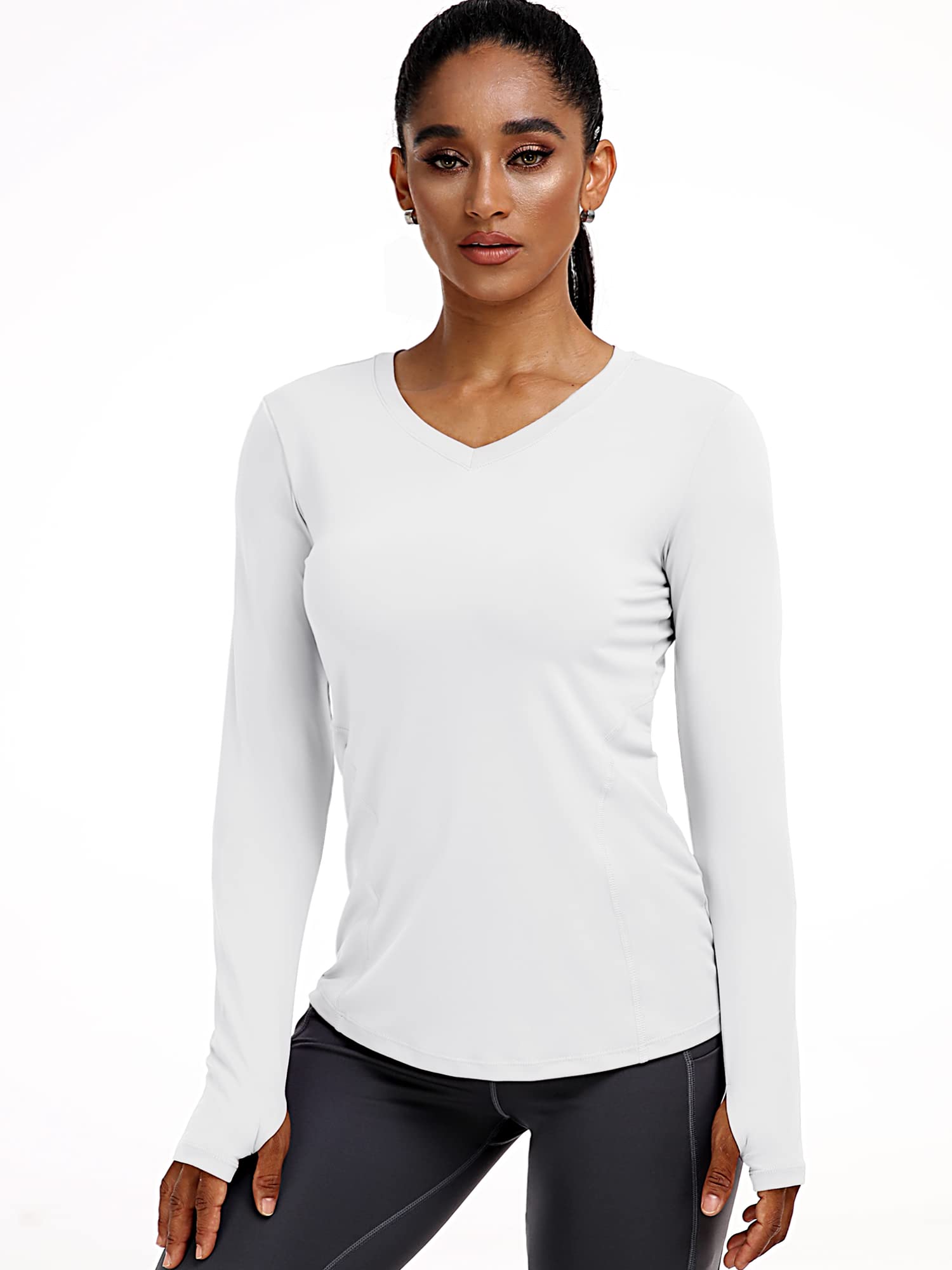 CADMUS Women's V-Neck Workout Shirts Long Sleeve Yoga Top Athletic Running T Shirt,Black, Grey, White,Medium