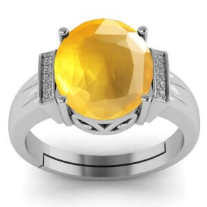 LMDPRAJAPATIS 7.25 Ratti Natural AA+ Quality Stone Yellow Sapphire Silver Plated Statement Ring For Women's