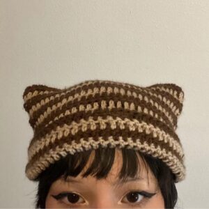 Y2K Gothic Knitted Cat Ear Little Devil Hat Women Kawaii Winter Handmade Beanie Female Caps (Brown,One Size)