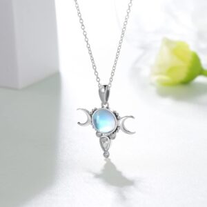 Moonstone Triple Moon Goddess Pendant Necklace Amulet Pentagram for Women Sterling Silver Wiccan Pagan Jewelry Gifts