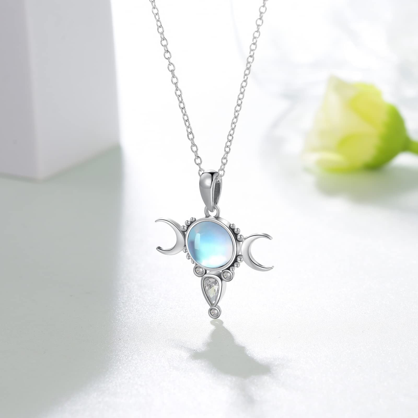 Moonstone Triple Moon Goddess Pendant Necklace Amulet Pentagram for Women Sterling Silver Wiccan Pagan Jewelry Gifts