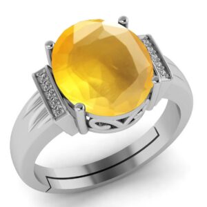 LMDPRAJAPATIS 7.25 Ratti Natural AA+ Quality Stone Yellow Sapphire Silver Plated Statement Ring For Women's