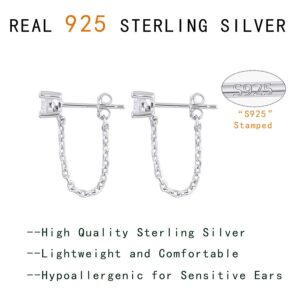 Reffeer 925 Sterling Silver CZ Chain Studs Earrings Dangle for Women Teen Girls CZ Chain Drop Earrings Studs (A-Silver)