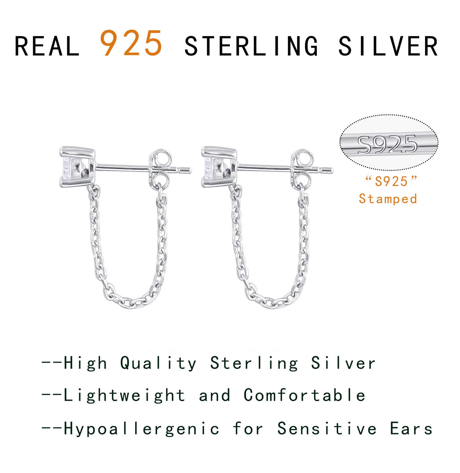 Reffeer 925 Sterling Silver CZ Chain Studs Earrings Dangle for Women Teen Girls CZ Chain Drop Earrings Studs (A-Silver)