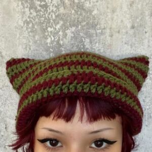 Y2K Gothic Knitted Cat Ear Little Devil Hat Women Kawaii Winter Handmade Beanie Female Caps (Brown,One Size)