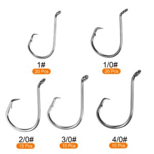 PATIKIL 1#, 1/0#, 2/0#, 3/0#, 4/0# Fishing Circle Hooks Kit, 1 Set Carbon Steel Offset Hook with Barbs for Freshwater Saltwater, Black