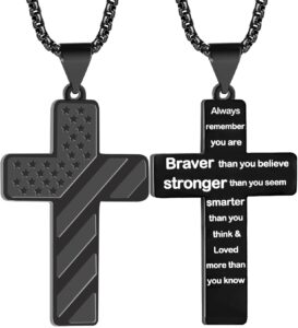 regis american flag cross necklace， stainless steel chain with 24-inch bible verse lord's prayer pendant - men's patriotic religious christian gift (always remember, black)