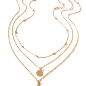 GORGLITTER Women's 3 Piece Round and Bar Pendant Layered Necklace Dainty Chain Choker Necklaces Yellow Gold One Size