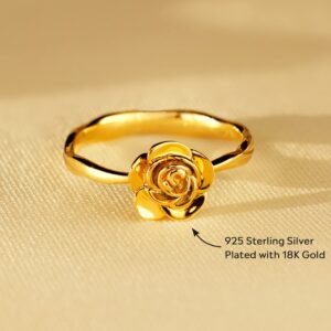 STORYJEWELLERY Story Jewellery Gold Plated Sterling Silver Rose Flower Promise Rings for Women, Dainty Rose Jewelry Gifts for Her, Birthday Christmas Valentines Gifts for Women (silver 12)