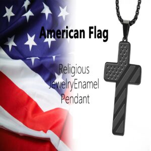 REGIS American Flag Cross Necklace， Stainless Steel Chain with 24-Inch Bible Verse Lord's Prayer Pendant - Men's Patriotic Religious Christian Gift (Always remember, black)