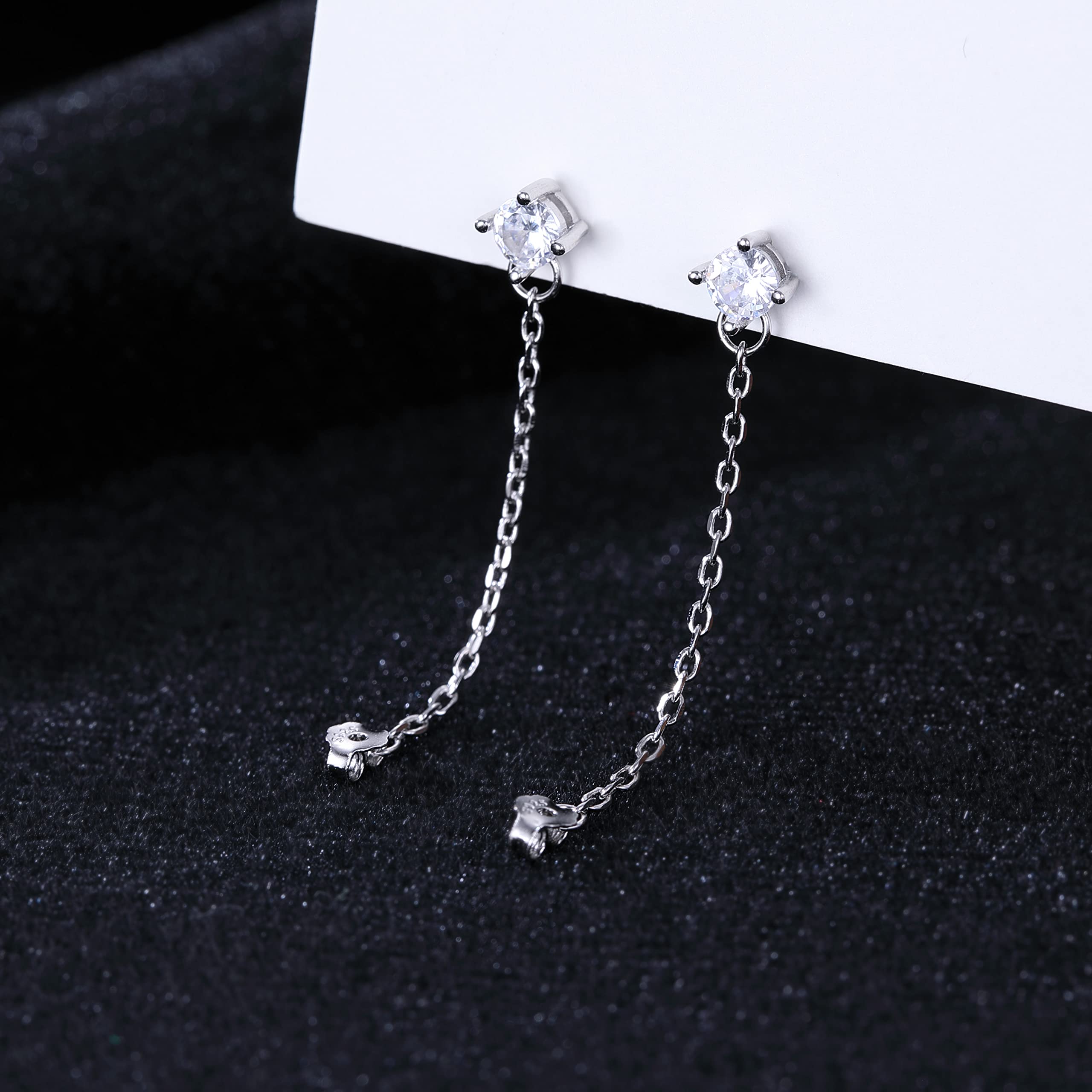 Reffeer 925 Sterling Silver CZ Chain Studs Earrings Dangle for Women Teen Girls CZ Chain Drop Earrings Studs (A-Silver)