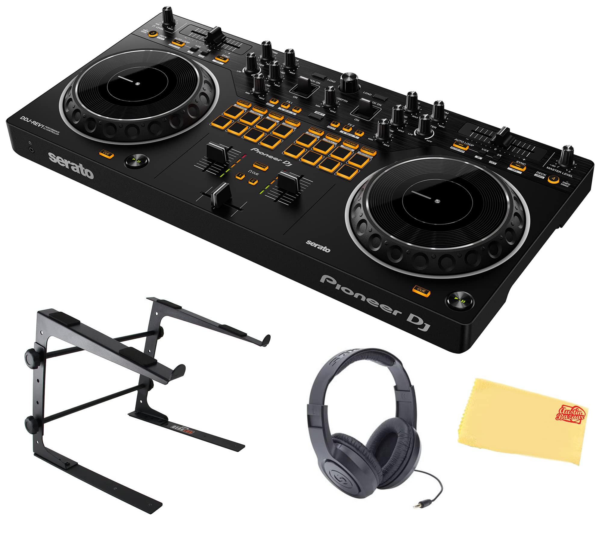 Pioneer DDJ-REV1, DJ Controller Bundle with Stand, Headphones and, Austin Bazaar Polishing Cloth