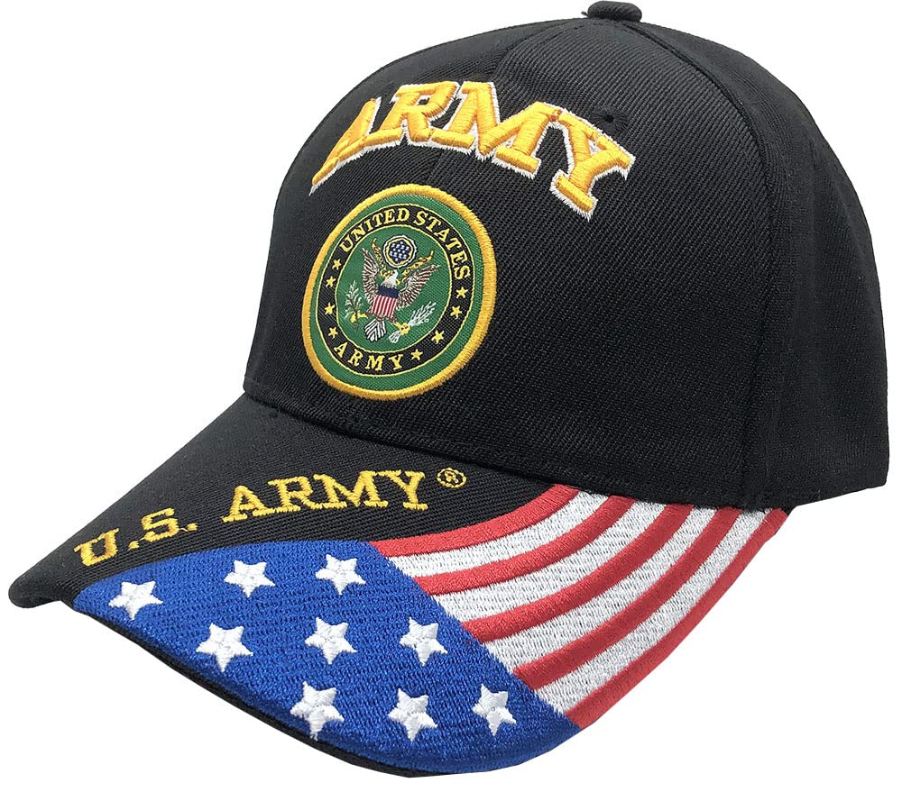 U.S. Army Baseball Caps Hats Military Apparel | Retired Veteran | 3D Embroidered | Adjustable (Black with Flag)