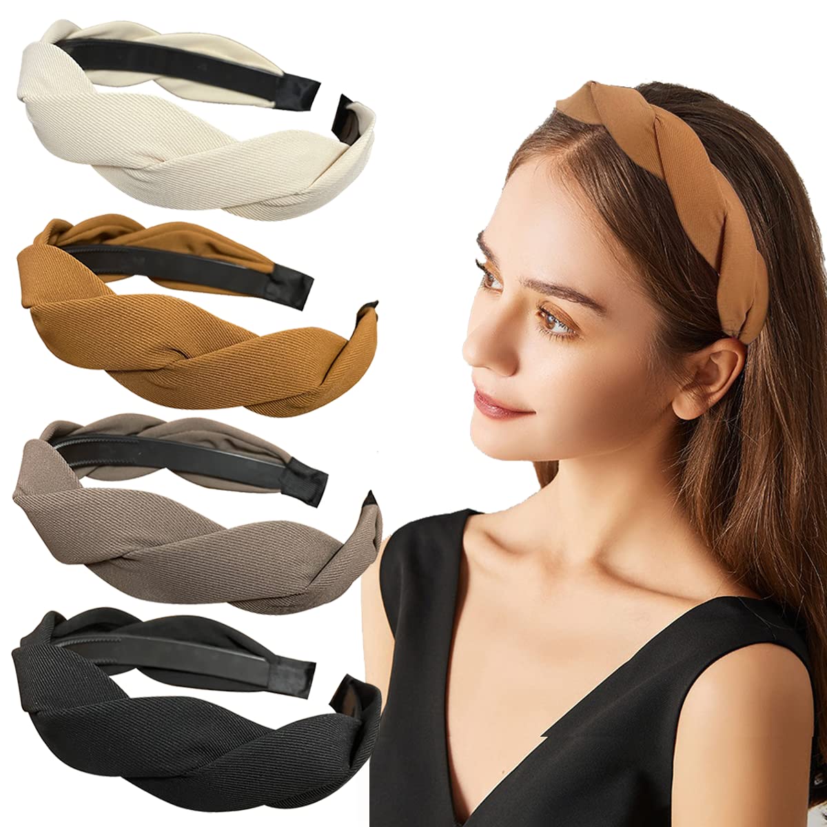 Springtime Set of 4 Fashion Solid Headbands for Women Girls 1.2inch Wide Braided Headband Fabric Hairbands with Tooth Non Slip Hairhoop Accesorries