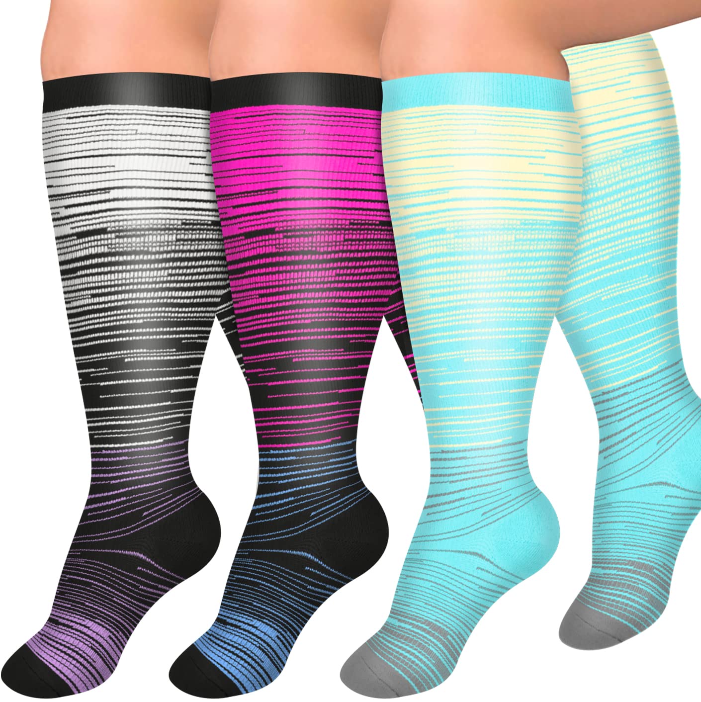 3 Pairs Plus Size Compression Socks for Women and Men Wide Calf Extra Knee High Support for Circulation