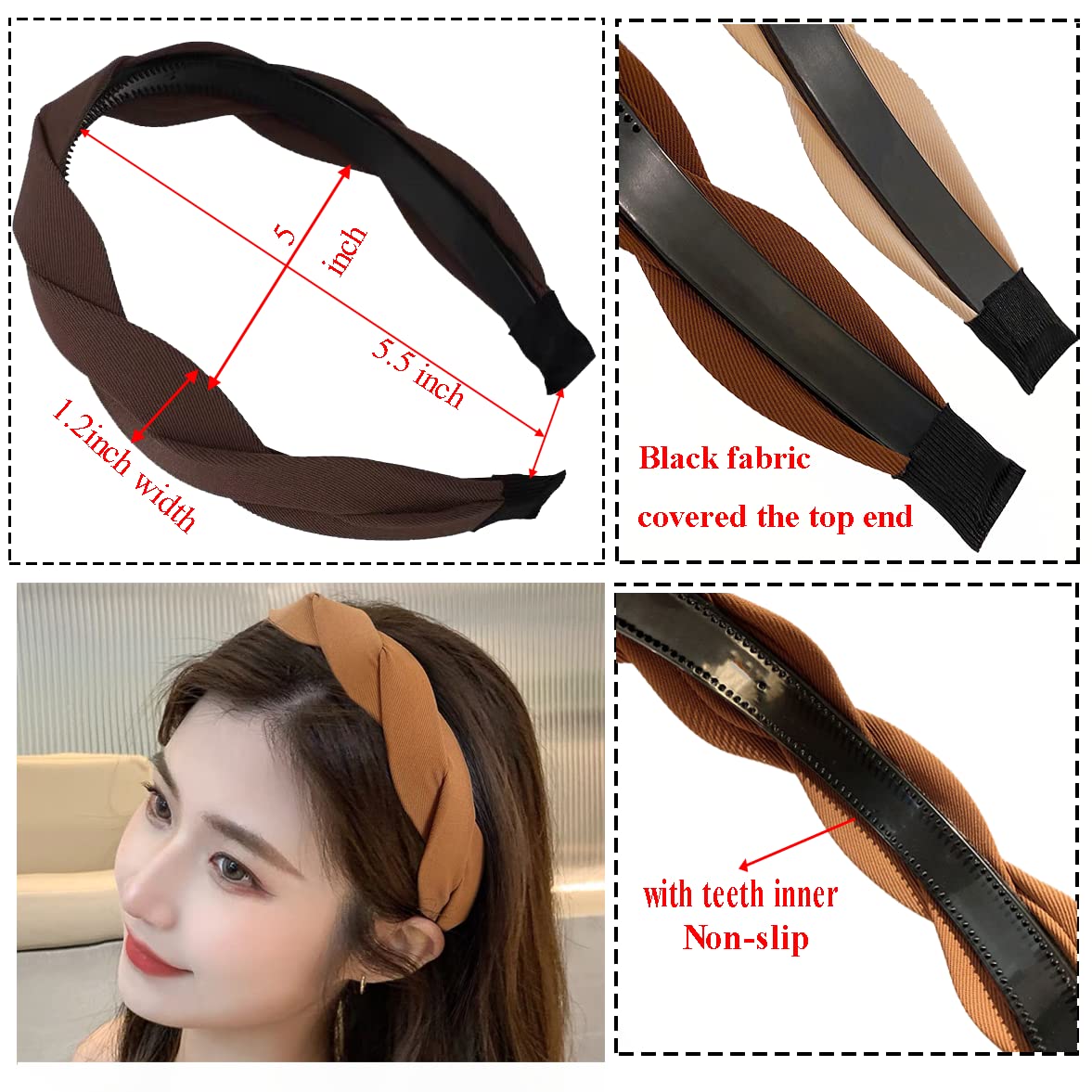 Springtime Set of 4 Fashion Solid Headbands for Women Girls 1.2inch Wide Braided Headband Fabric Hairbands with Tooth Non Slip Hairhoop Accesorries