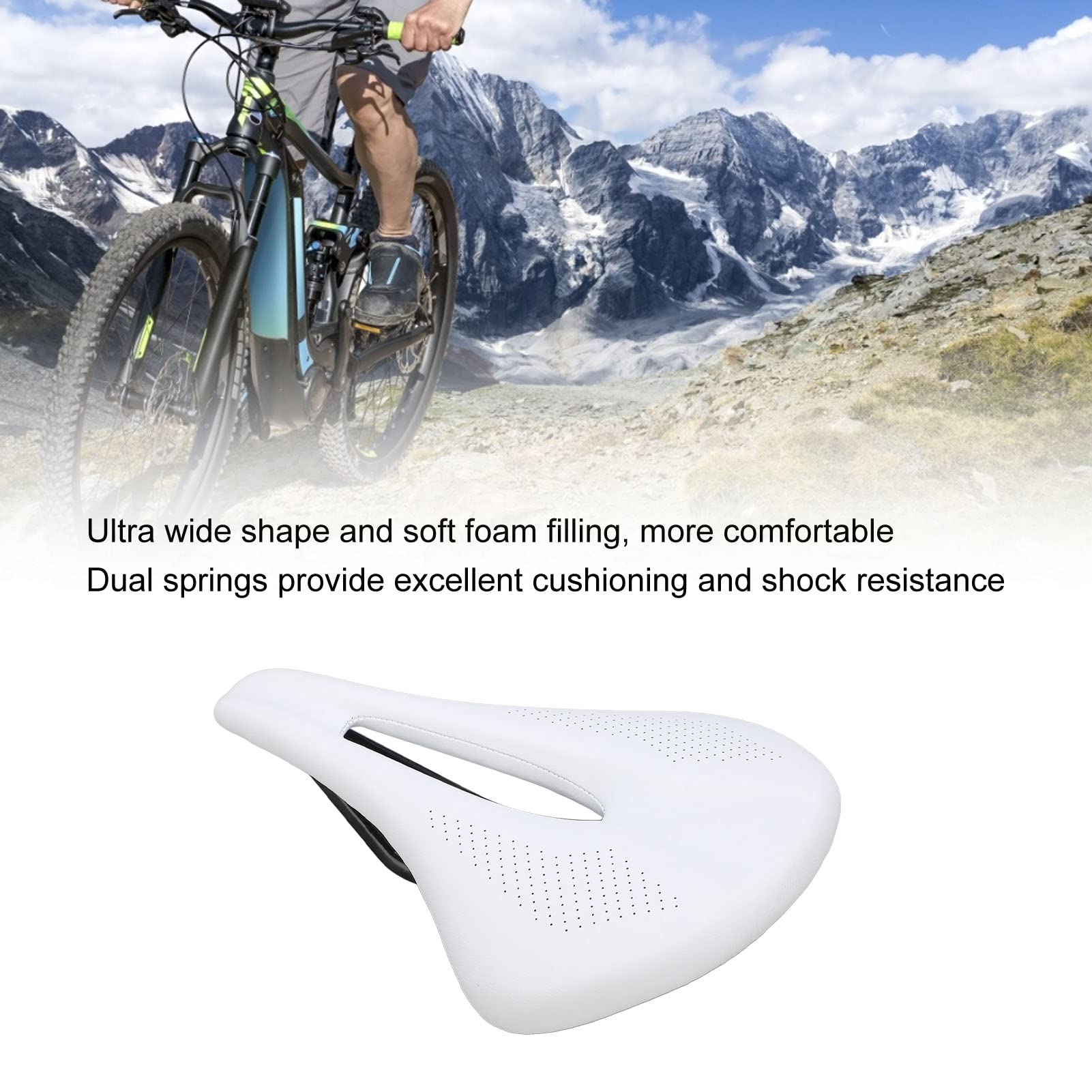 BuyWeek Bike Seat, Carbon Fiber Leather Bicycle Saddle Hollow Bicycle Seat Cushion 155mm Widen for Mountain Road Bike(White)