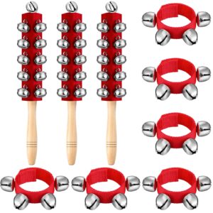 leifide 9 pcs christmas handle jingle bells wooden hand sleigh bells wrist band shaker bells for kids baby toddler music enlightenment instruments holiday christmas gifts(red)